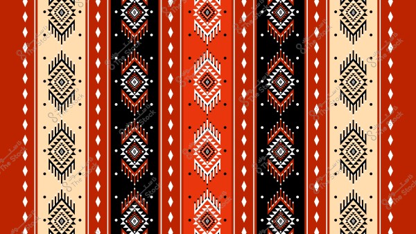 نمط هندسي تقليدي يعرض تصميمًا بقطع ماسية وخطوط وزخارف متداخلة بالألوان الأحمر والأسود والبيج. يتميز التصميم بتكرار الأشكال البارزة والمثلثات المتناظرة.