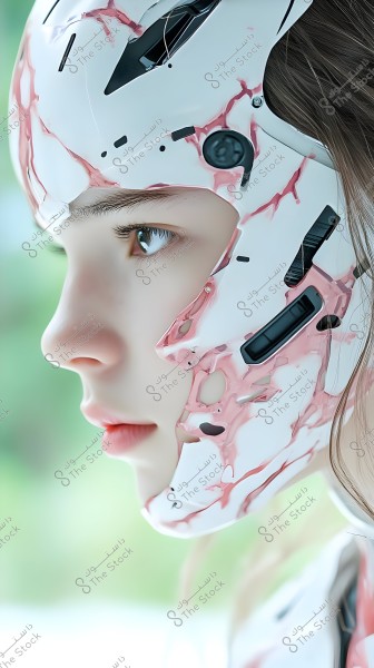 A side profile image of a person wearing a futuristic or robotic mask in white and pink colors, featuring intricate details. The background is a soft, blurred green, highlighting the features of the mask.