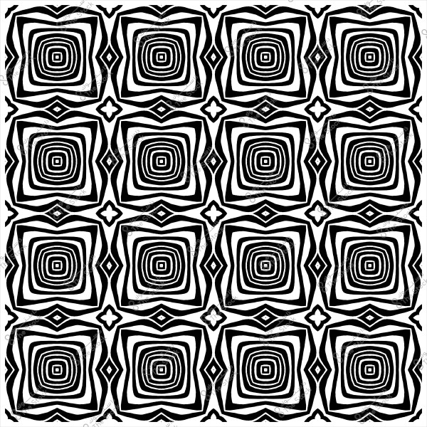 نمط مجرد ومتكرر بالأبيض والأسود يتكون من مربعات متداخلة بأشكال متموجة.