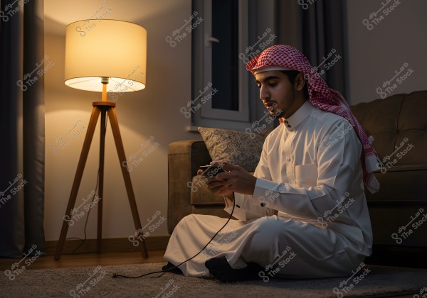 An image of a man sitting on a carpet in a room beside a couch, holding a handheld electronic device connected by a wire. He is wearing a white thobe and a red and white checkered headscarf, suggesting the clothing might be of Saudi origin. In the background, there is an illuminated floor lamp and window curtains, creating a warm and cozy atmosphere.