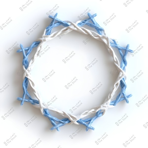 An image depicting a circle made of twisted blue and white threads. The threads are intertwined to form a symmetrical interlocking pattern. The background is plain white.