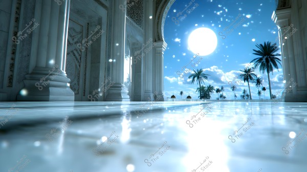 A stunning view of an ornate palace interior with beautiful marble columns under a clear blue sky illuminated by bright white sunlight. Palm trees are visible through the arched openings, and the marble floor gleams under the radiant light.