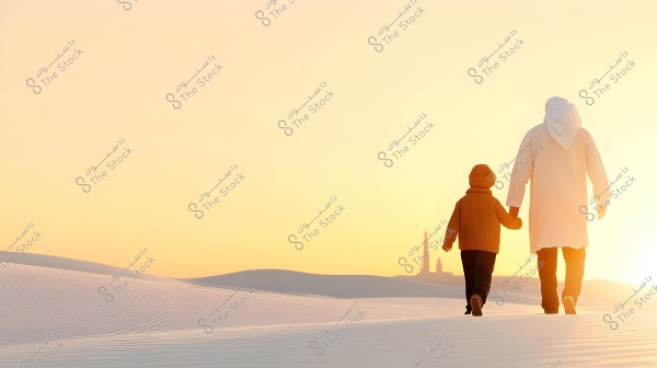 A man and a child walking on sand dunes at sunset. The man is wearing a traditional white robe with a headscarf, while the child is dressed in winter clothing including a coat and hat. In the background, there is a view of a distant mosque under an orange sky.