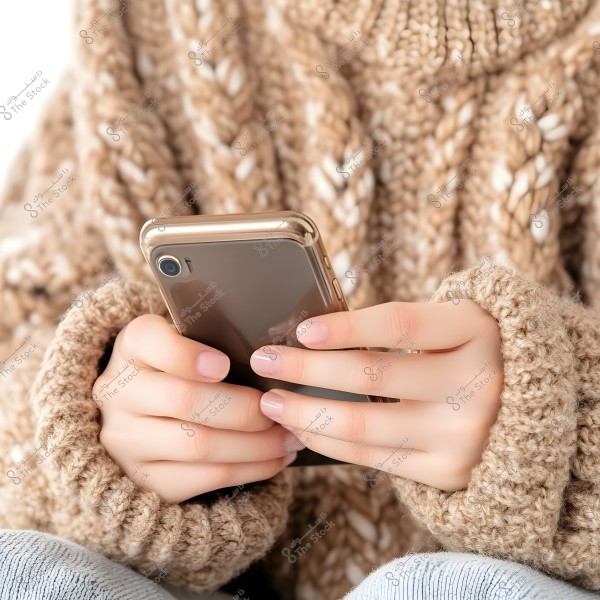 Hands wearing a beige knitted sweater, holding a golden phone. The knit features an interwoven pattern, giving a sense of warmth and comfort. The nails are neatly groomed, and the hands grip the phone securely.