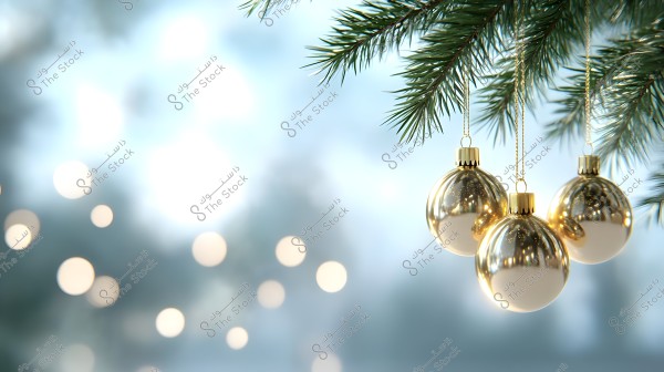 Image showing three shiny golden ornament balls hanging from a branch of an evergreen tree, like a Christmas tree. The background is blurred with twinkling lights in circular shapes, creating a festive and cheerful atmosphere.