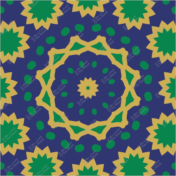 تصميم هندسي متماثل بنمط نجمي باللونين الأخضر والأصفر على خلفية زرقاء.