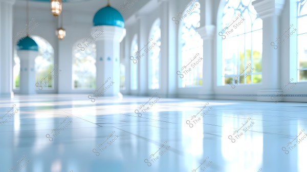 Image showing the interior of a spacious mosque with a shiny white tiled floor, white columns, and domed ceilings in blue hues. Large arched windows allow bright natural light to flood in, creating a serene and luminous atmosphere.