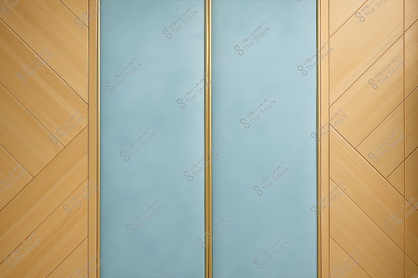 The image shows an interior design of a wall featuring light-colored wood arranged in intersecting angles on both sides, separated by a central light blue section with thin gold frames. The modern style provides an aesthetic contrast between colors and materials.