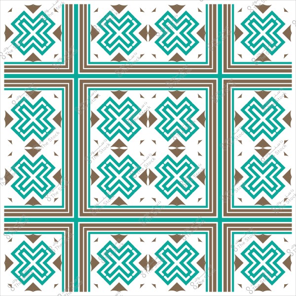 Repeated geometric design with circular shapes and intersecting patterns in turquoise and brown on a white background.