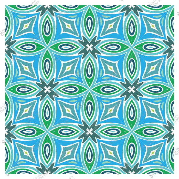 نمط هندسي متماثل بألوان زرقاء وخضراء وبيضاء, يشبه النمط التقليدي للبلاط الزخرفي.