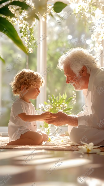 An image of an elderly man and a young child sitting on the floor in a naturally lit room filled with plants. The elderly man is smiling and wearing a white shirt, sitting opposite the child who is also dressed in white. Soft light falls with white flowers scattered around them.