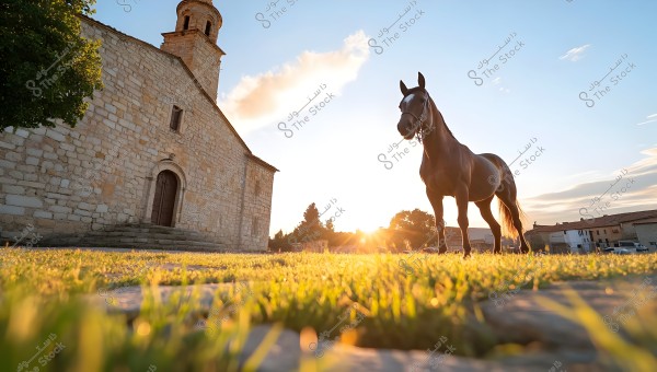 A brown horse stands prominently in the foreground on bright green grass with a backdrop of a golden sunset. To the left of the image, there is an old stone building resembling a church with a small tower. The sky is blue with some scattered white clouds.