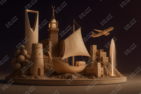An image representing a collection of famous Saudi landmarks, including the Kingdom Tower, the Mecca Clock Tower, and a model of a traditional village with forts. There is also a traditional sailing boat model and an airplane in the sky, as well as a water fountain resembling the Jeddah Fountain. The colors used are beige and earthy tones, conveying a sense of heritage and modernity simultaneously.