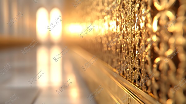 Close-up details of an ornate golden wall decorated with floral and geometric elements. The wall is slightly blurred, reflecting the bright sunlight, giving a radiant glow to the scene. The floor is visible at another angle with a mild reflective effect.