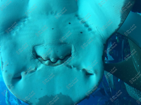 A close-up image of a manta ray showing the underside clearly, with a curved mouth resembling a smile, and distinct lines and spots. The surrounding water is light blue, adding a sense of tranquility to the marine environment.