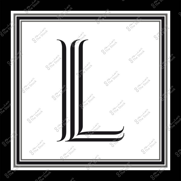 حرف "L" مزخرف داخل إطار مربع مع خطوط سوداء متوازية.