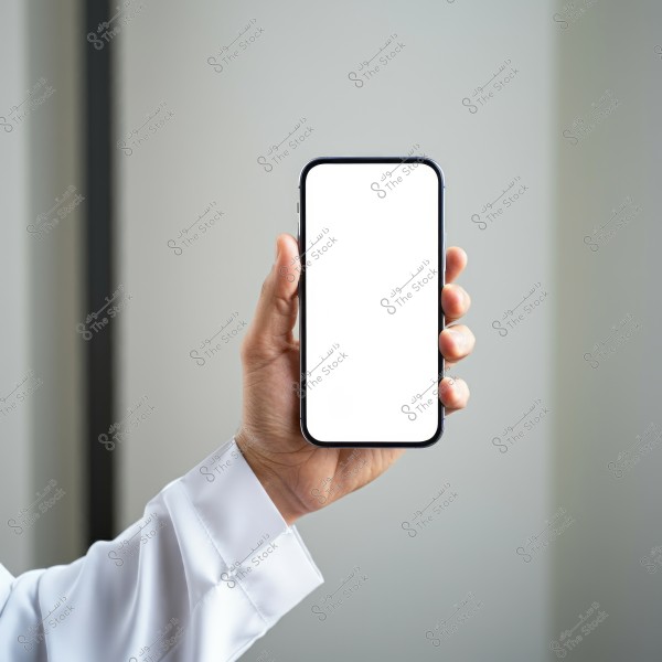 Image shows a person\'s hand wearing a white shirt holding a smartphone with a blank white screen. The background is simple and neutral.