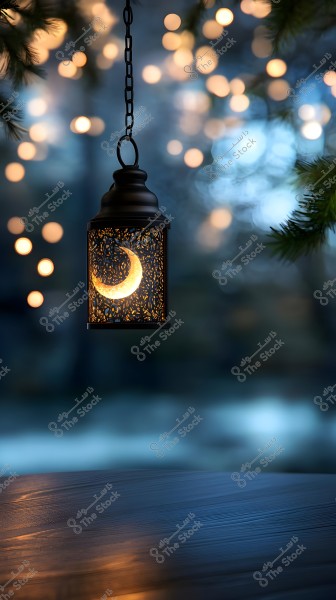 A hanging lamp with an intricate eastern design and an internal crescent-shaped light, suspended from a metal chain in an outdoor setting. The background is blurred with warm bokeh lights, and green foliage surrounds the scene, creating a serene and beautiful nighttime atmosphere.