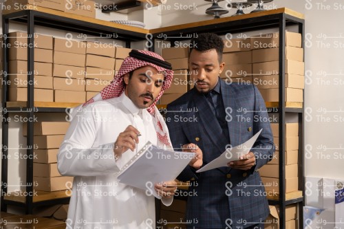 شاب سعودي يرتدي الزي السعودي التقليدي يقف في المستودع مع رجل يرتدي بدلة رسمية بينما يحملان الأوراق وهما يتناقشان وتظهر من خلفهم الرفوف ممتلئة بالصناديق