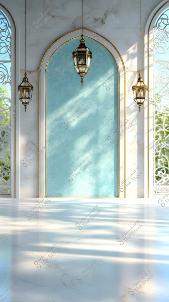 Hanging lanterns in an architectural space with Islamic motifs. The walls feature arched windows and decor with golden accents. The floor is glossy marble, reflecting natural light through the windows adorned with external floral patterns.