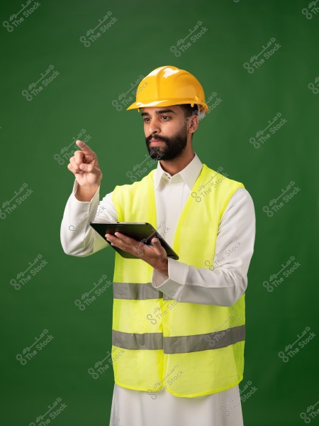 The image shows a man wearing a yellow safety helmet and reflective vest, standing against a green background. He is holding a tablet in his left hand and pointing towards something with his right hand. The man is wearing a traditional white garment, suggesting he might be from a Gulf country.