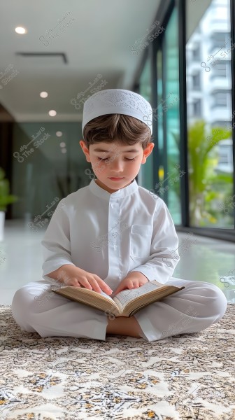 Image of a young boy sitting on the floor wearing a white traditional robe and cap, reading from a holy book. The background features a large glass window and indoor plants, suggesting the photo is taken in a modern, bright space. The child appears to be of Middle Eastern origin.