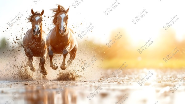 Two brown horses running swiftly on a muddy ground, with splashes of water and mud around them. The image is dynamic with bright backlighting and a bright sky in the background.