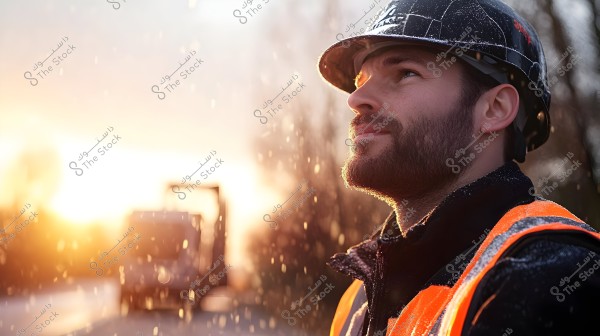 Image of a man wearing construction attire, including a safety helmet and an orange reflective vest, looking upwards while raindrops fall around him. The sun is glowing in the background, giving the scene a warm feel despite the rain. Behind him are some trees and a large truck on the road.