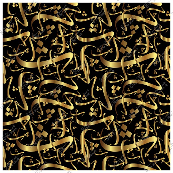 تصميم نمط إسلامي متكرر بلون ذهبي على خلفية سوداء, يعرض خطوطاً عربية مزخرفة ونقاط دائرية.