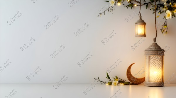 An image depicting a warm scene featuring two illuminated lanterns (one hanging and one on a surface), accompanied by a decorative crescent moon. The lanterns and crescent are surrounded by green branches and white flowers. The background is simple, emphasizing the decorative elements.