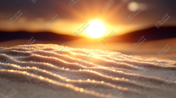 An image of a sunset over the desert, with sunlight shining over the glittering sand dunes. The sandy hills are illuminated by warm orange and golden rays, giving the scene a dreamy atmosphere. The sky in the background is shaded in darker hues as the bright sun lights up the horizon.