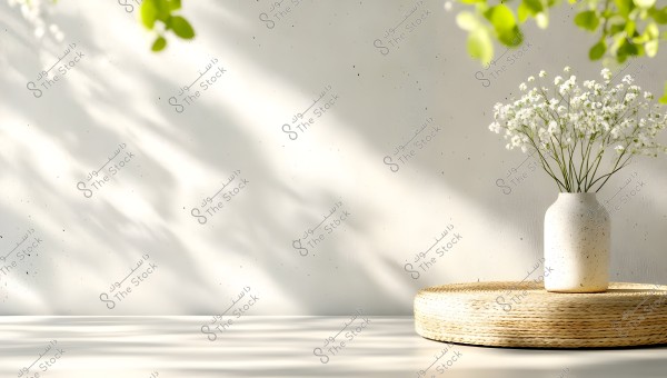 A white ceramic vase holding small white flowers arranged elegantly, placed on a round surface made of straw or bamboo. The background is a white wall with soft shadows of plant leaves above, adding a sense of nature and tranquility.