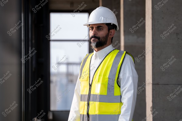 A portrait of a man wearing a yellow safety vest and a white hard hat, appearing to be an engineer or construction worker standing in a construction site. The man is dressed in a traditional white thobe, which is typical attire in Gulf countries.