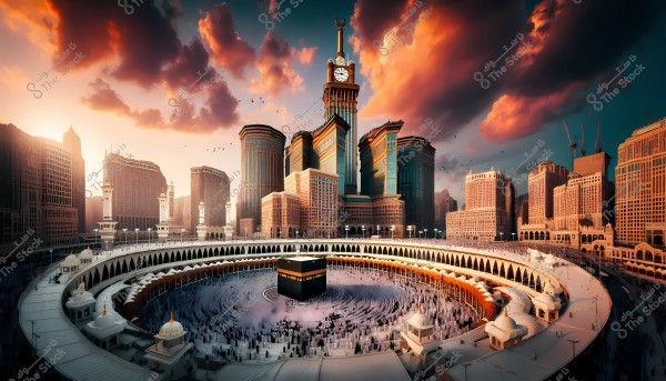 An image of the Grand Mosque in Mecca, showcasing the Kaaba at the center surrounded by the Tawaf area where hundreds of pilgrims in white Ihram garments are gathered. In the background, the iconic clock towers stand under a sky filled with pink and orange clouds at sunset, adding a spiritual and aesthetic atmosphere to the scene. The surrounding buildings exhibit distinct architectural design.