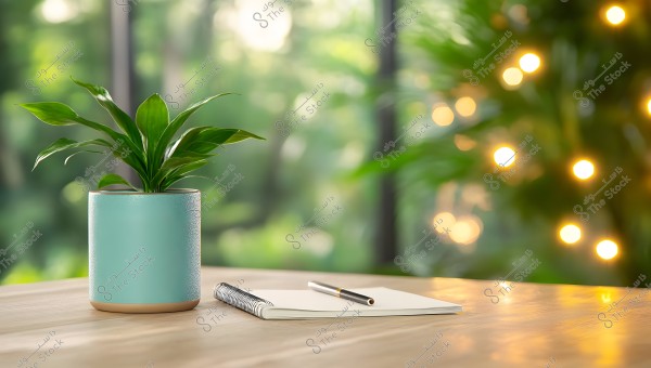 The image shows a green plant in a blue pot on a wooden table, next to an open notebook and a pen. In the background, there is a blurred and lit natural scene.