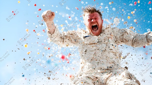 An image of a person wearing a white suit covered in colorful spots, appearing enthusiastic and shouting, raising their fist in the air. The background is blue with numerous small colored balls flying around.
