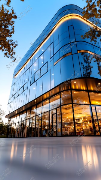 A modern building with a large glass facade reflecting the blue sky and surrounding trees. The design features curved lines and warm interior lighting visible through the windows. Some foliage appears at the top of the image, and light reflections are visible on the ground in the foreground.
