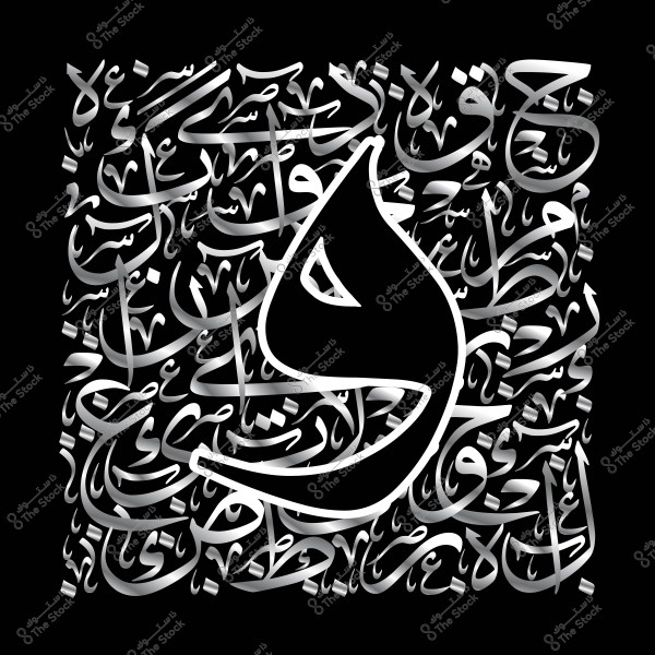 فن خط عربي مزخرف يحتوي على حروف متنوعة وأشكال فنية باللونين الأبيض والأسود.