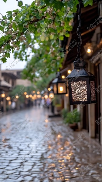 Ornate metal decorative lamps lit and hanging alongside a wet cobblestone street, likely after rainfall. In the background, additional lights and trees create a warm, night-time ambiance.