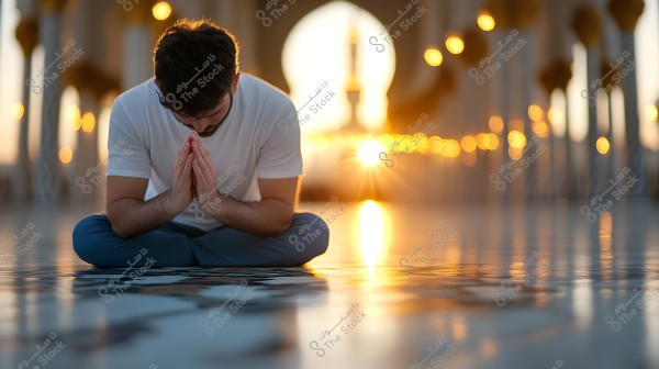 A man seated cross-legged on a marble floor, wearing a white shirt and blue pants, appears to be in a meditative or prayer pose with his hands clasped together. Behind him is an architectural structure with columns illuminated by warm lights, and a sunset in the background reflecting on the floor.