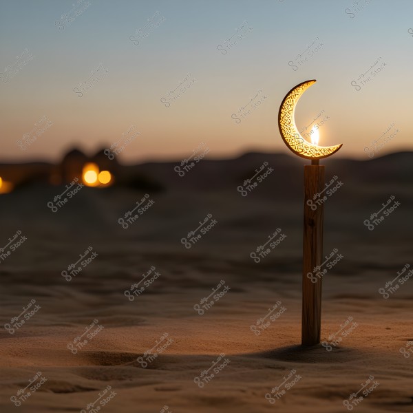An image of a decorative crescent light on a wooden stick planted in the desert sand, with a background showing distant lights and a sunset or sunrise.