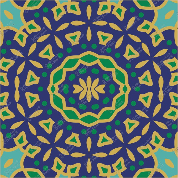تصميم زخرفي إسلامي بنمط هندسي بألوان الأزرق والأصفر والأخضر.