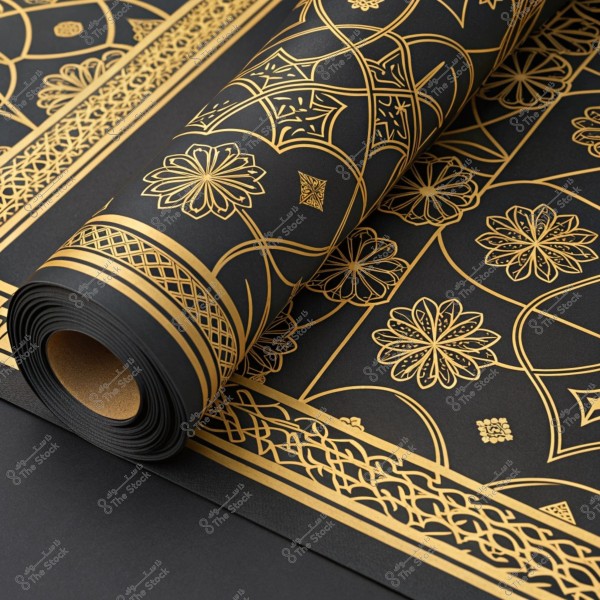 An image of a set of black wallpaper rolls adorned with gold patterns featuring Arabic and Islamic motifs. The designs include intricate floral and geometric shapes that stand out against the dark black background. The colors and details provide a luxurious and sophisticated aesthetic.