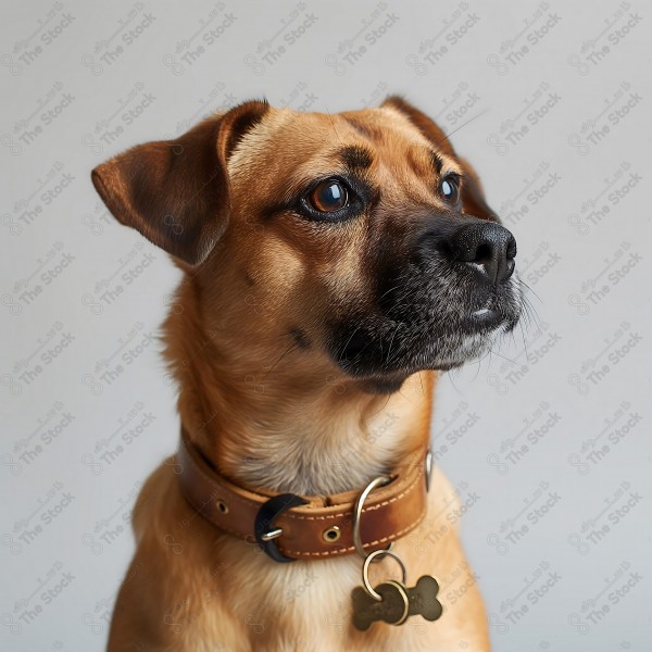 A brown dog with sad eyes wearing a brown leather collar with a bone-shaped tag. by AI