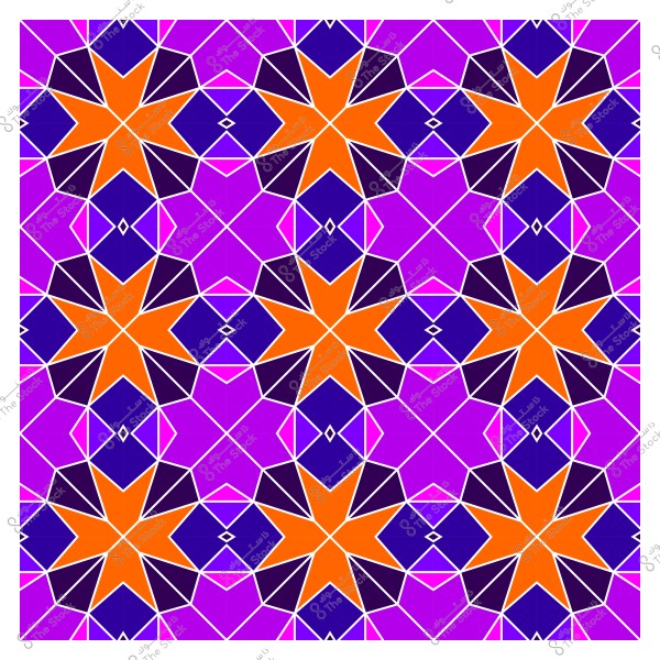 نمط هندسي متكرر يظهر نجوماً برتقالية على خلفية أرجوانية ومربعات معقدة.