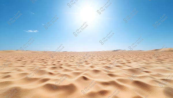 An image of a desert landscape featuring smooth sand dunes stretching to the horizon under a clear blue sky and a bright sun. The image captures the light reflecting off the sand, giving it a golden shimmer.