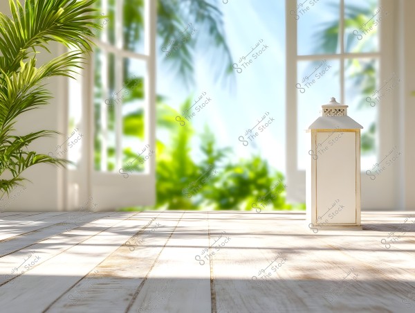 An indoor scene showing a simple white lantern on a light-colored wooden floor next to a large open window. Bright sunlight streams through, illuminating green trees outside and providing a sunny, vibrant atmosphere. A green plant is seen on the left side of the image, adding a natural touch to the decor.