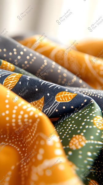 An image showing detailed fabric with colorful botanical designs, including green, dark blue, and orange hues. The fabric features white dots and lines depicting details of leaves and various botanical elements, shimmering on the fabric surface.
