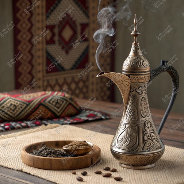 Image of a traditional Arabic coffee pot made of copper with an ornate lid and steam rising from it, placed on a wooden table. In front of the pot, there is a wooden plate with coffee spices and beans. In the background, there is a traditional decorative cushion and a tapestry with Arabic patterns.