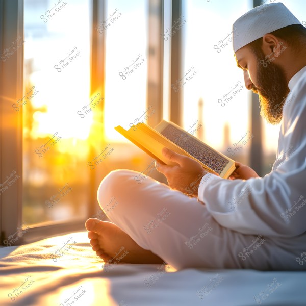 An image of a man sitting by a large window, wearing a white thobe and a traditional cap. The man is reading a book, possibly the Quran, as the book is decorated. Sunlight fills the room, creating an atmosphere of peace and serenity.